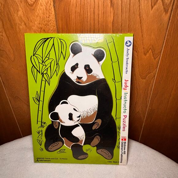 Vintage Wooden Puzzle  Judy Intructo Panda Bear and Cub New Sealed - Picture 1 of 3